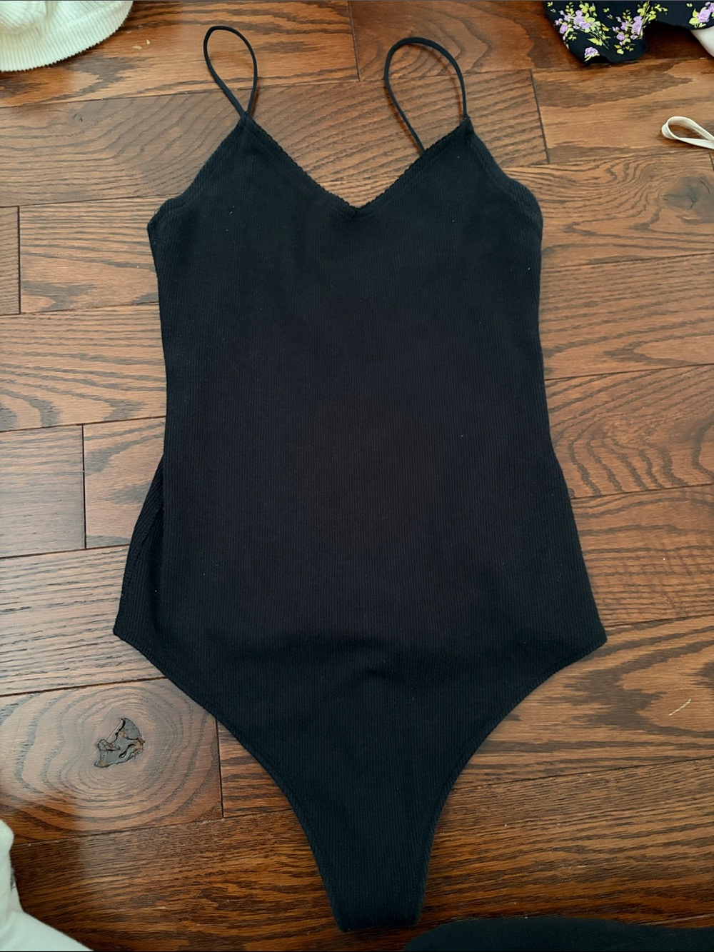 Women's Black Ribbed Spaghetti-Strap Bodysuit